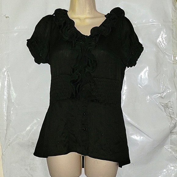 MAURICE'S Sheer Black Ruffled Button Front Short Sleeve Sexy Blouse M Formal - Picture 1 of 6